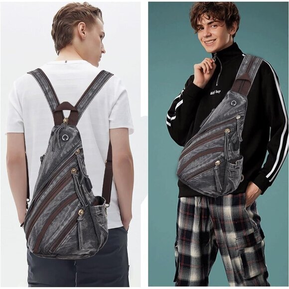 Canvas Sling Bag Jean-black Crossbody Backpack Genuine Leather Shoulder Bag - Picture 3 of 7